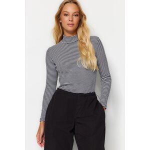 Trendyol Ecru Black Striped Fitted/Situated High Neck Long Sleeve Ribbed Elastic Knitted Blouse