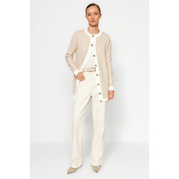 Trendyol Cream Soft Textured Boucle Gold Button Detailed Knitwear Cardigan