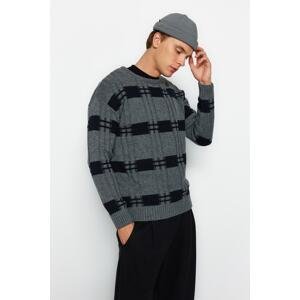 Trendyol Men's Gray Regular Fit Crew Neck Square Patterned Knitwear Sweater