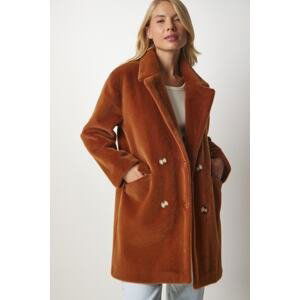 Happiness İstanbul Women's Tan Rabbit Hair Look Oversize Coat