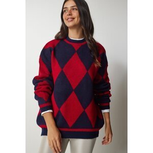 Happiness İstanbul Women's Red Diamond Pattern Oversized Knitwear Sweater