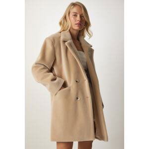 Happiness İstanbul Women's Beige Rabbit Hair Look Oversize Coat