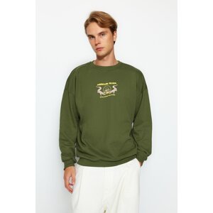 Trendyol Men's Khaki Oversize/Wide-Fit Animal Printed Fleece Inside Sweatshirt