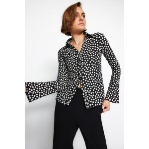Trendyol Black Gooseberry/Textured Polka Dot Patterned Regular/Regular Fit Long Sleeve Knitted Shirt