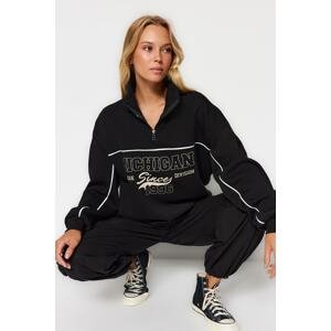 Trendyol Black Zipper Printed Oversize/Wide Fit Fleece Knitted Sweatshirt