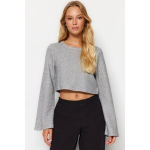 Trendyol Gray Melange Crew Neck Spanish Sleeve Ribbed Stretchy Crop Knitted Blouse