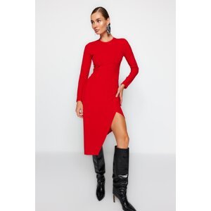 Trendyol Red Crew Neck Slit Detailed Fitted Midi Knitted Dress
