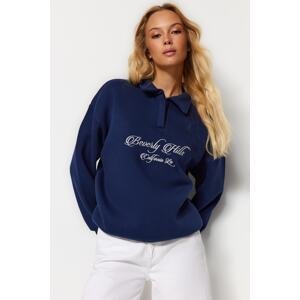 Trendyol Navy Blue Shirt Collar Embroidered Regular Fit Fleece Inside Knitted Sweatshirt