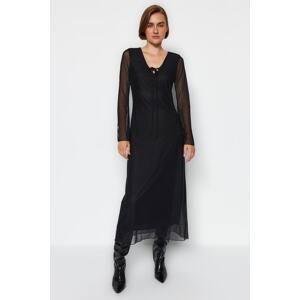 Trendyol Black V Neck Tulle Lined Skater/Waist Open Midi Knitted Dress