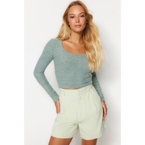 Trendyol Mint Square Neck Fitted Crop Soft Knitted Blouse