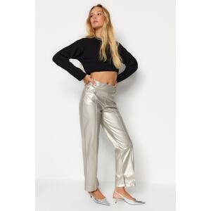 Trendyol Gray Shiny Faux Leather High Waist Straight Cut Woven Trousers