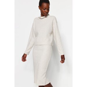 Trendyol Beige Thessaloniki/Knit Look High Neck Relaxed/Comfortable Fit Low Sleeve Knitted Blouse