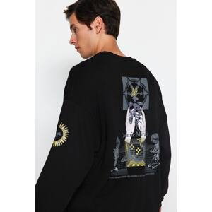 Trendyol Men's Black Oversize/Wide-Fit Crew Neck Space Printed Cotton Sweatshirt