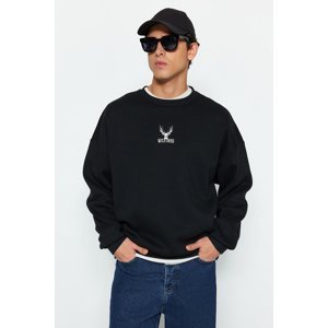 Trendyol Men's Black Oversize/Wide Fit Crew Neck Long Sleeve Animal Embroidered Sweatshirt