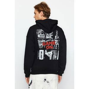 Trendyol Black Men's Oversize/Wide-Fit Hoodie Long Sleeve Basketball Printed Cotton Sweatshirt.