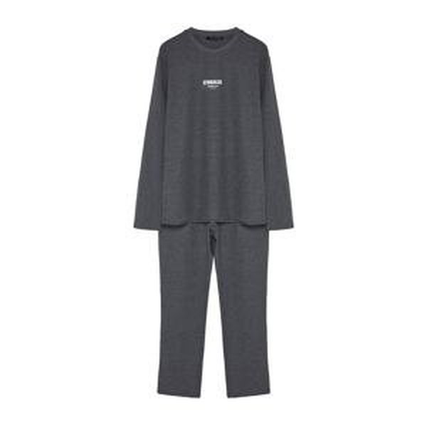 Trendyol Men's Anthracite Regular Fit Printed Waffle Knitted Pajamas Set