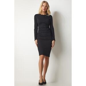 Happiness İstanbul Women's Black Gathered Detailed Ribbed Knitted Dress