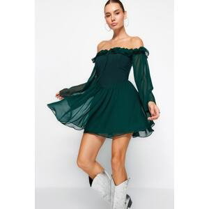 Trendyol Emerald Green Waist Opening/Skater Lined Flounce Chiffon Elegant Evening Dress