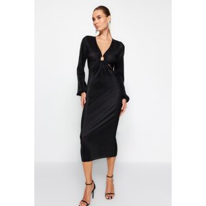 Trendyol Black Fitted Knitted Window/Cut Out Detailed Pleated Elegant Evening Dress