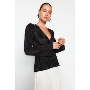 Trendyol Black Pleat Detailed Double Breasted Closure Ruffle V Neck Blouse
