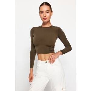 Trendyol Khaki High Collar Fitted Long Sleeve Gathered Stretchy Knitted Blouse