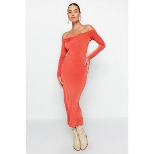 Trendyol Cinnamon Carmen Neck Shiny Finish Soft Textured Fitted Dress