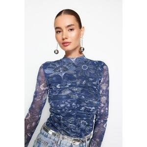 Trendyol Indigo Patterned Draped Tulle Fitted Knitted Body with Snap Fasteners