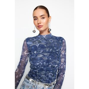 Trendyol Indigo Patterned Draped Tulle Fitted/Situated Snaps Knitted Bodysuit