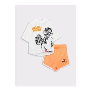 LC Waikiki Girls' Hoodie And Mickey Mouse Print Short Sleeved T-Shirt And Shorts