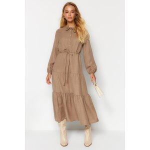 Trendyol Light Brown Lace-Up Tiered Woven Dress