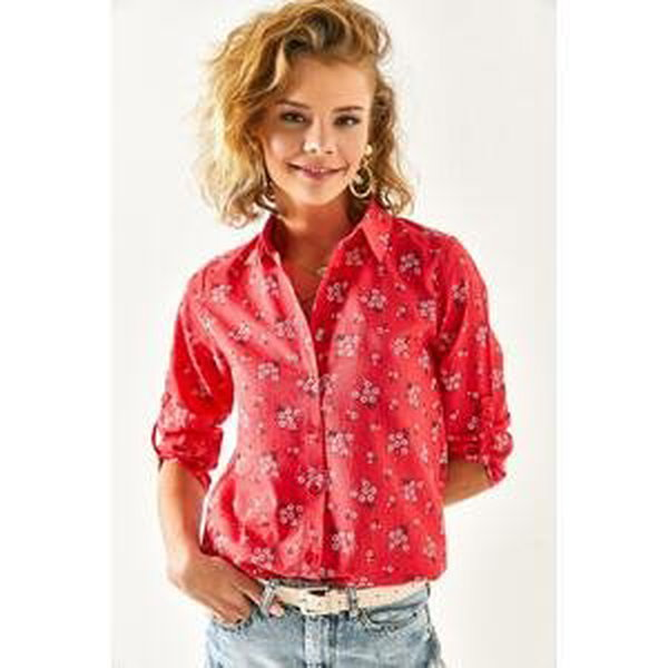 Olalook Women's Red Floral Foldable Linen Shirt with Sleeves