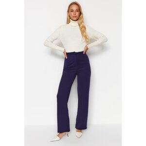 Trendyol Navy Blue Ribbed High Waist Straight Fit Knitted Trousers
