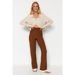 Trendyol Brown Textured High Waist Straight Fit/Straight Leg Stretchy Knitted Trousers