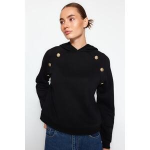 Trendyol Black Hooded Button Detailed Regular Fit Fleece Inside Knitted Sweatshirt