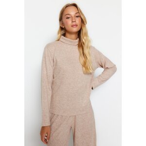 Trendyol Beige Soft Fabric Turtleneck Wide/Relaxed Cut Knitted Blouse