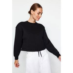 Trendyol Black Thick Inner Fleece Gathered Crew Neck Relaxed Cut Crop Knitted Sweatshirt