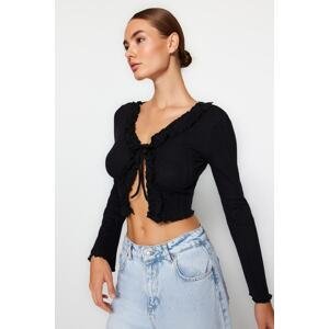 Trendyol Black Ruffle Detail Front Tied Ribbed Flexible Crop Knitted Blouse