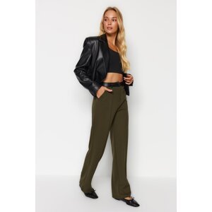 Trendyol Khaki Waist Faux Leather Detailed Textured Fabric High Waist Straight Fit Knitted Trousers