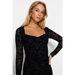 Trendyol Black Fitted/Situated Flock Printed Tulle Lined Heart Neck Flexible Knitted Blouse