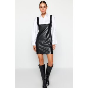 Trendyol Black Lined Faux Leather Square Collar Mini Gilet Knitted Dress