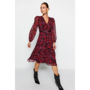 Trendyol Burgundy Belted A-Line Midi Double Breasted Collar Patterned Chiffon Woven Dress