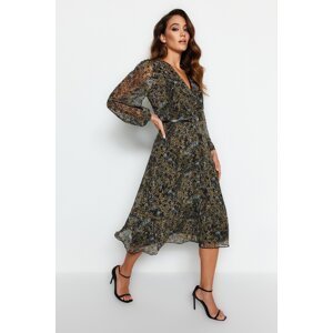 Trendyol Green Belted A-Line Midi Double Breasted Collar Patterned Chiffon Dress Woven Dress