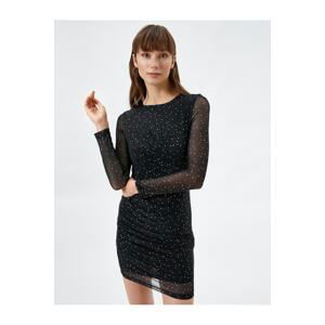 Koton Mini Evening Dress Long Sleeved Polka Dot Crew Neck Draped