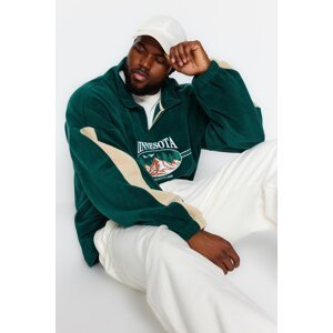 Trendyol Emerald Green Unisex Plus Size Oversize Comfortable High Neck Zipper City Embroidered Fleece Sweatshirt
