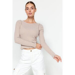 Trendyol Camel Striped and Ribbed Ribbed Fitted/Slippery Knitted Blouse