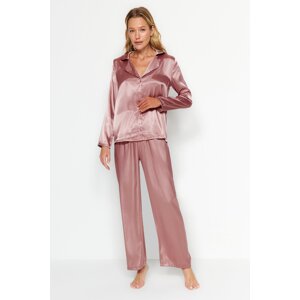 Trendyol Brown Satin Shirt-Pants Weave Pajamas Set