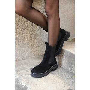 Madamra Black Women's Suede Rubber Detail Flat Sole Boots