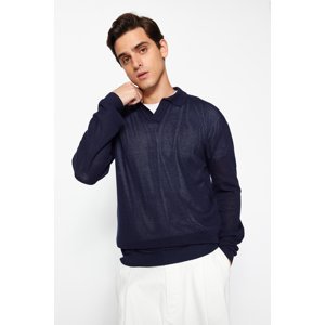 Trendyol Men's Navy Regular Fit Polo Neck Crochet Detail Cotton Knitwear Sweater