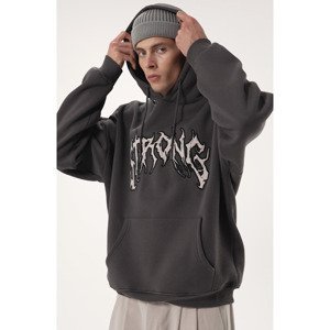Trendyol Anthracite Men's Oversize/Wide-cut Fleece Inner Hoodie with Text Embroidered Sweatshirt.