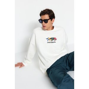 Trendyol Men's Ecru Oversize/Wide-Fit Olympic Embroidery and Printed Fleece Sweatshirt